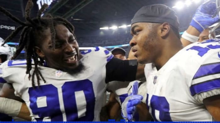 Fish with Tank Lawrence after the win over the Giants